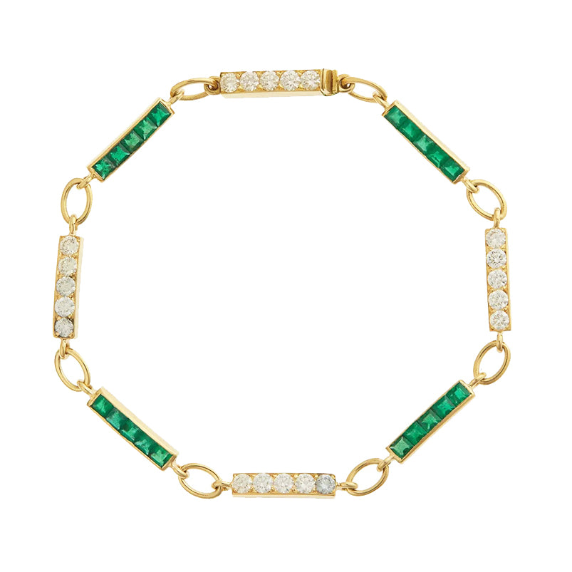 Bracelet Square Bar Emeralds & Round Diamonds